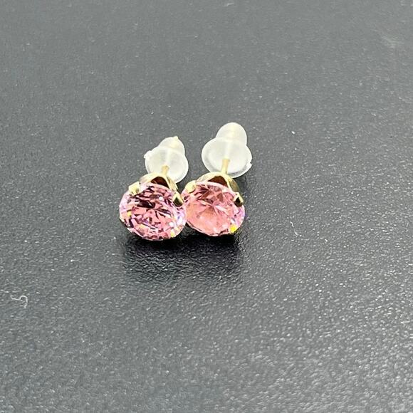 JCM 10k Yellow Gold Round Prong Pink cz October Birthstone Stud Pierced Earrings - Picture 1 of 8